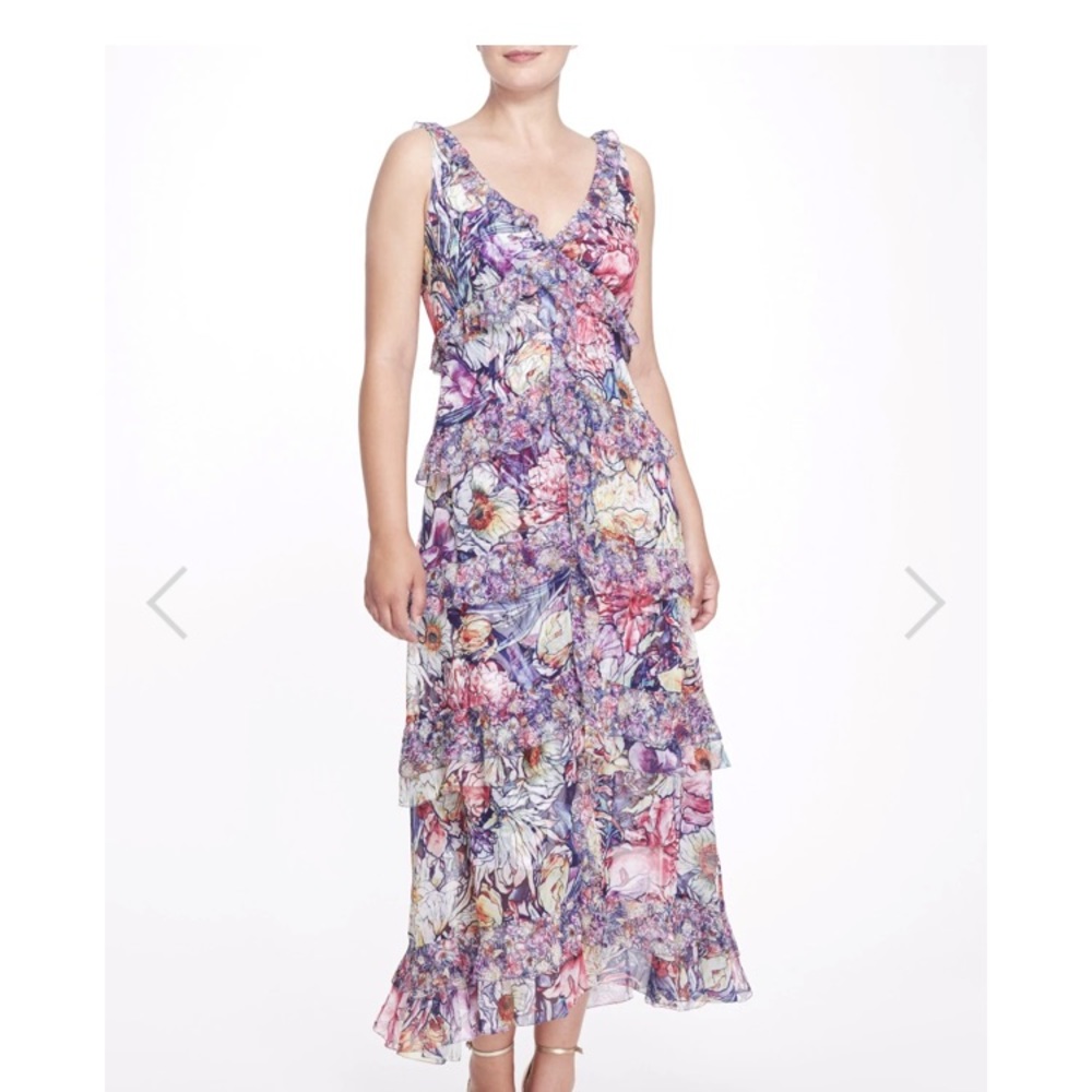 Marchesa Notte Floral-Print Tiered Maxi Dress